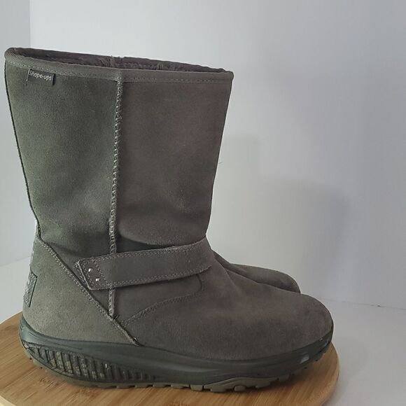 Skechers Women's Shape Ups Gray Leather Suede Bollard Wedge Toning Boots Sz 9 - Picture 1 of 16